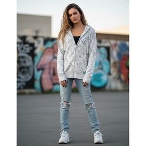 Vintage FOX Racing Y2K Full Zip Sweater‎ Hoodie Womens S Cream Grunge Streetwear